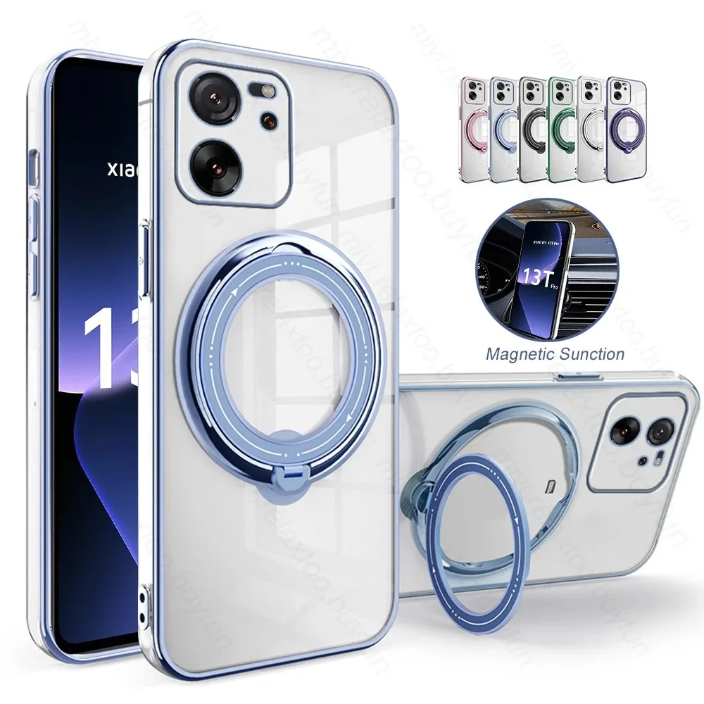 Plating Ring Magnetic Support Transparent Phone Case For Redmi A3 Note 13 Pro Plus 4G 5G 12 Ultra 11S Redmi 13C 12C 10C 9C 10A