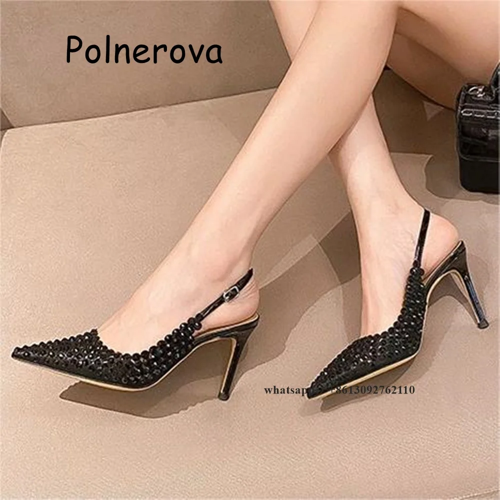 

Rhinestone Pointed Toe Sandals Thin Heels Women's Shoes Summer Party Back Strap Fashion Global Buckle One Word Belt Luxury Shoes