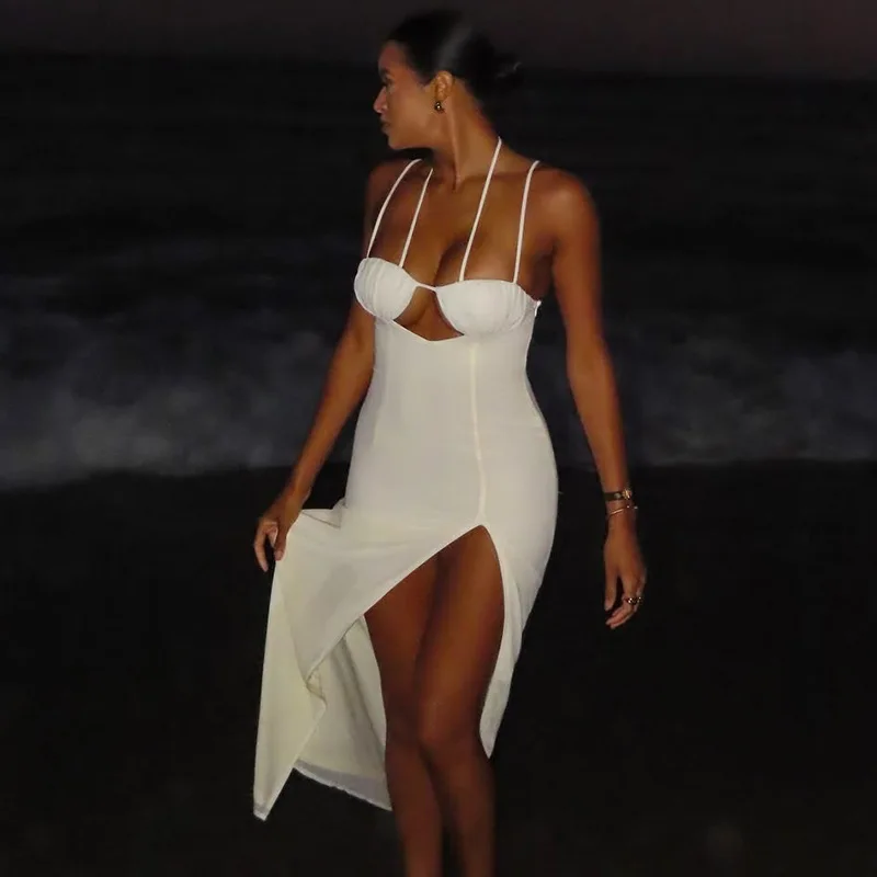 STILVOLLE DAME Cut Out Maxi Kleid 2025, Sommer Frauen Spaghetti Strap Backless Bodycon Sexy Club Party Hohe Split Vestidos De Festa