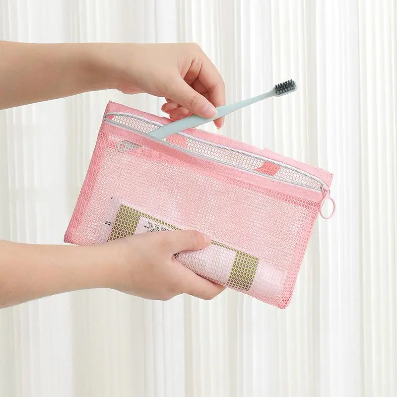 Pink Mesh Multi-pocket Mini Makeup Bag Swimming Bag Portable Travel Storage Bag Portable Bath Bag  One Pack