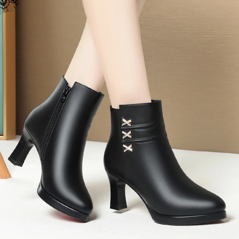 Spring Elegant Comfort Office Ladies Soft Leather Short Boots With Fur Fall Winter Block High Heels Plush Ankle Boots