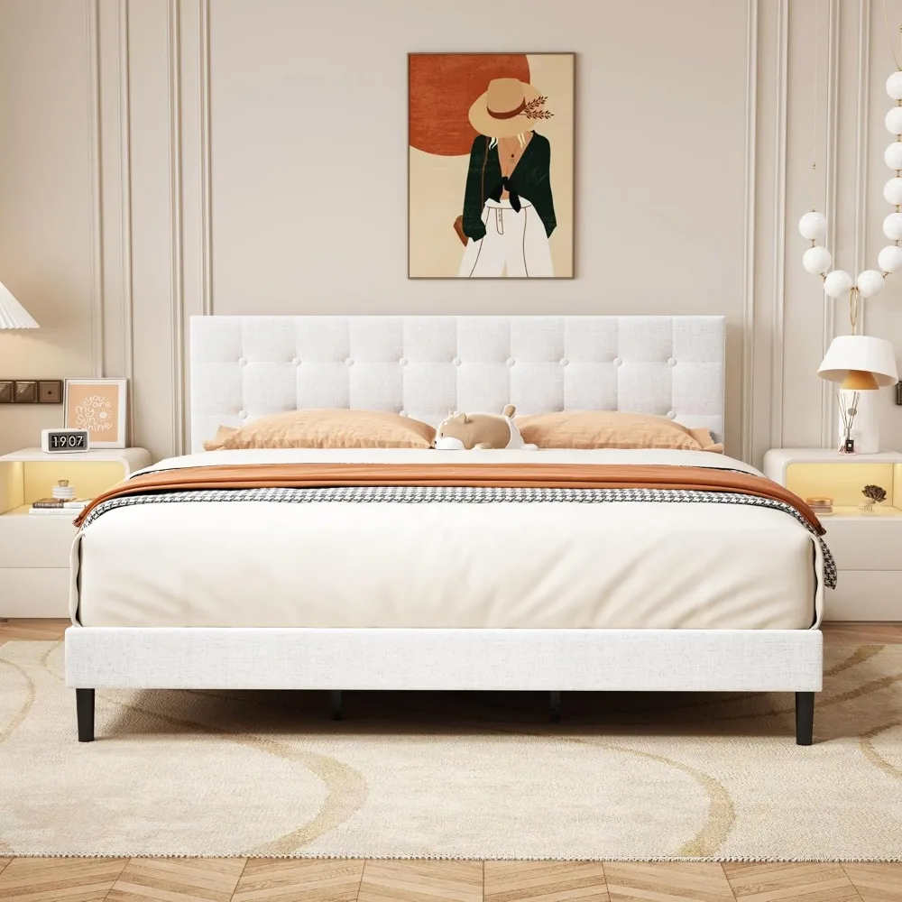 King Size Bed Frame with Button Tufted Linen Headboard, Bed Frame