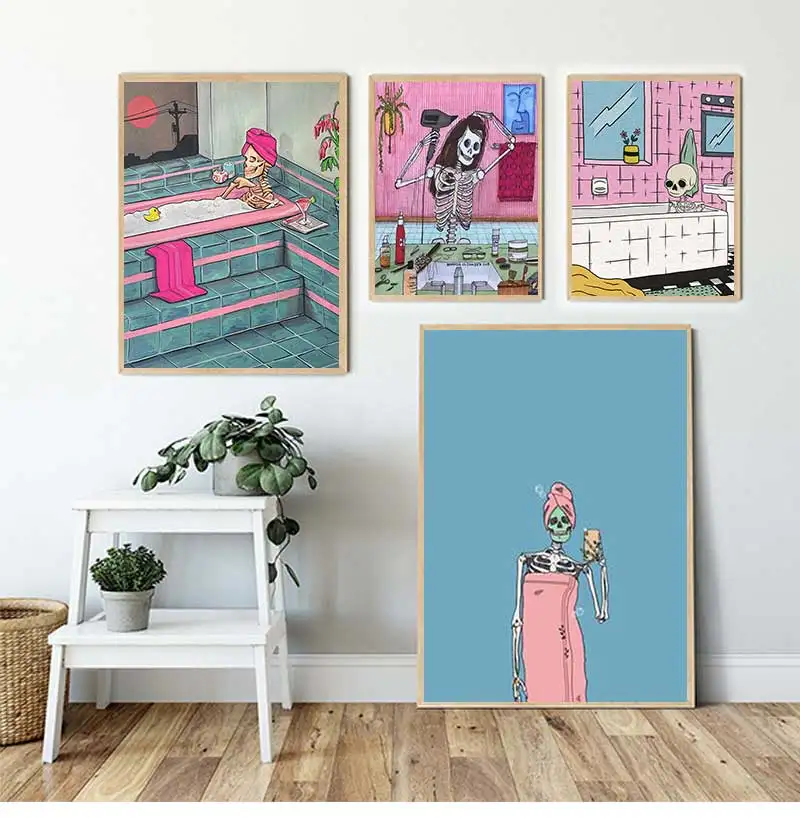 Skeleton Canvas Print and Poster, Funny Toilet Wall Art, Bath Bubble, Skull Retro Pictures, Halloween Decoration