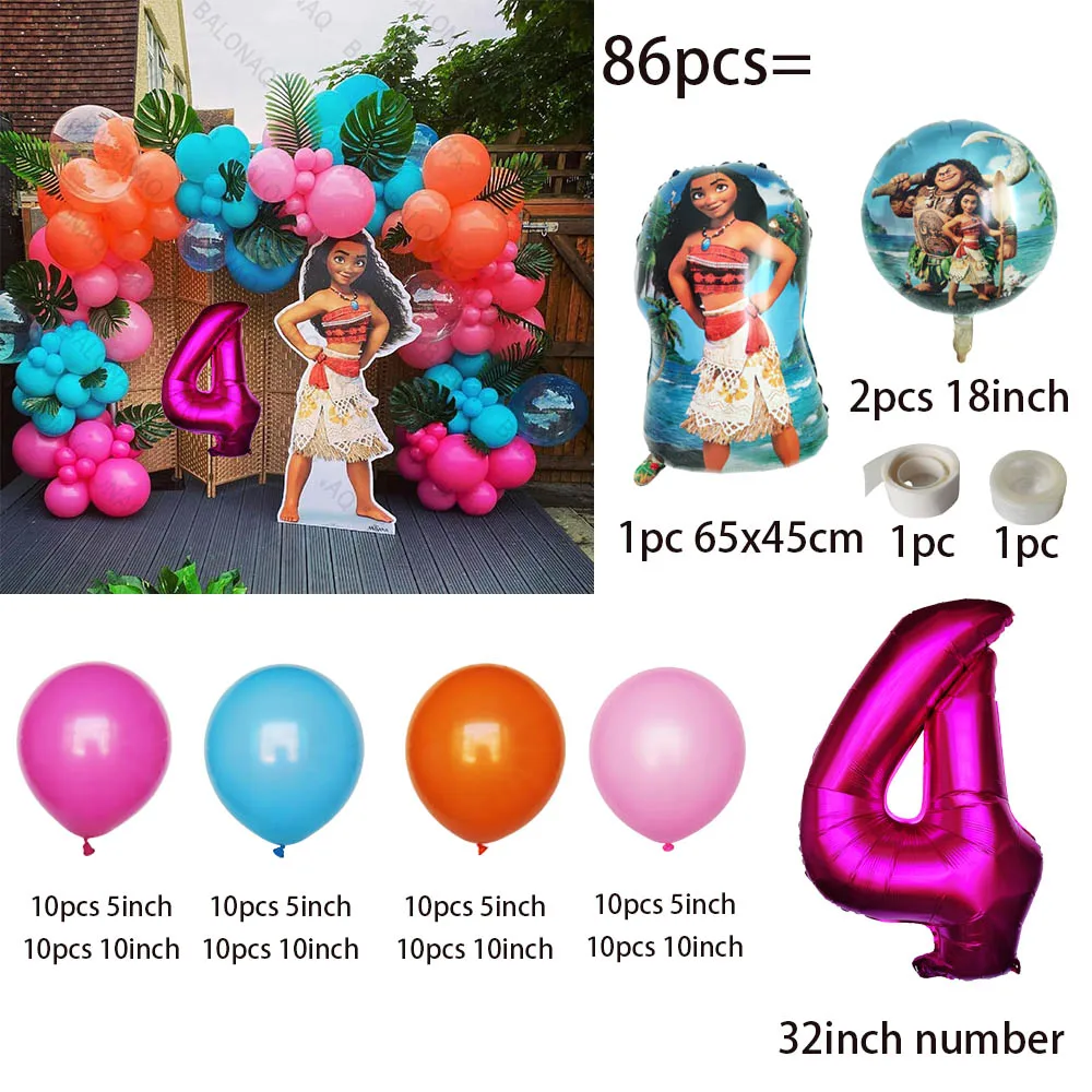 86PCS Ocean Adventures Moana Palloncino Colonna Set 32 pollici Numero rosa Daisy Foil Globos 1-9st Girl Birthday Party Decorazioni per la casa