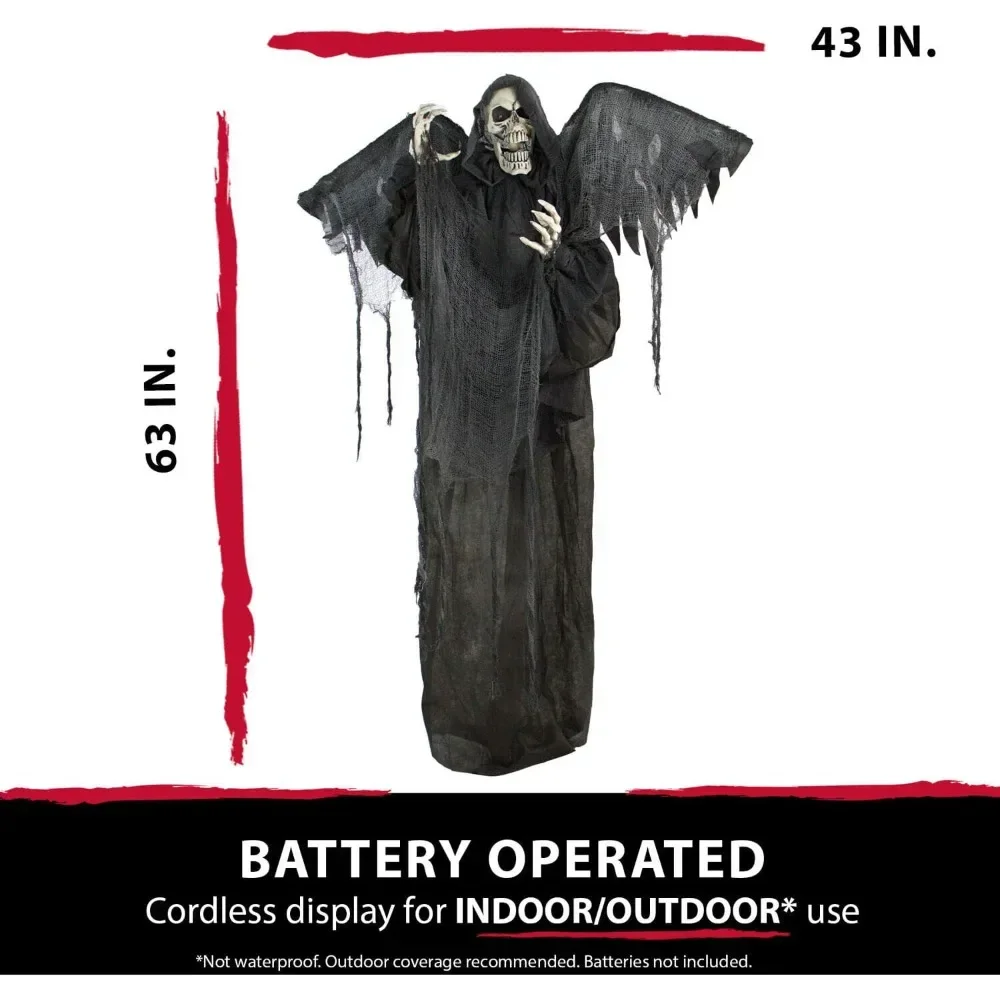 Halloween Skeleton Reaper Decoration with Wings, Poseable  Electronic Animation, Touch Activated Lights and Sounds