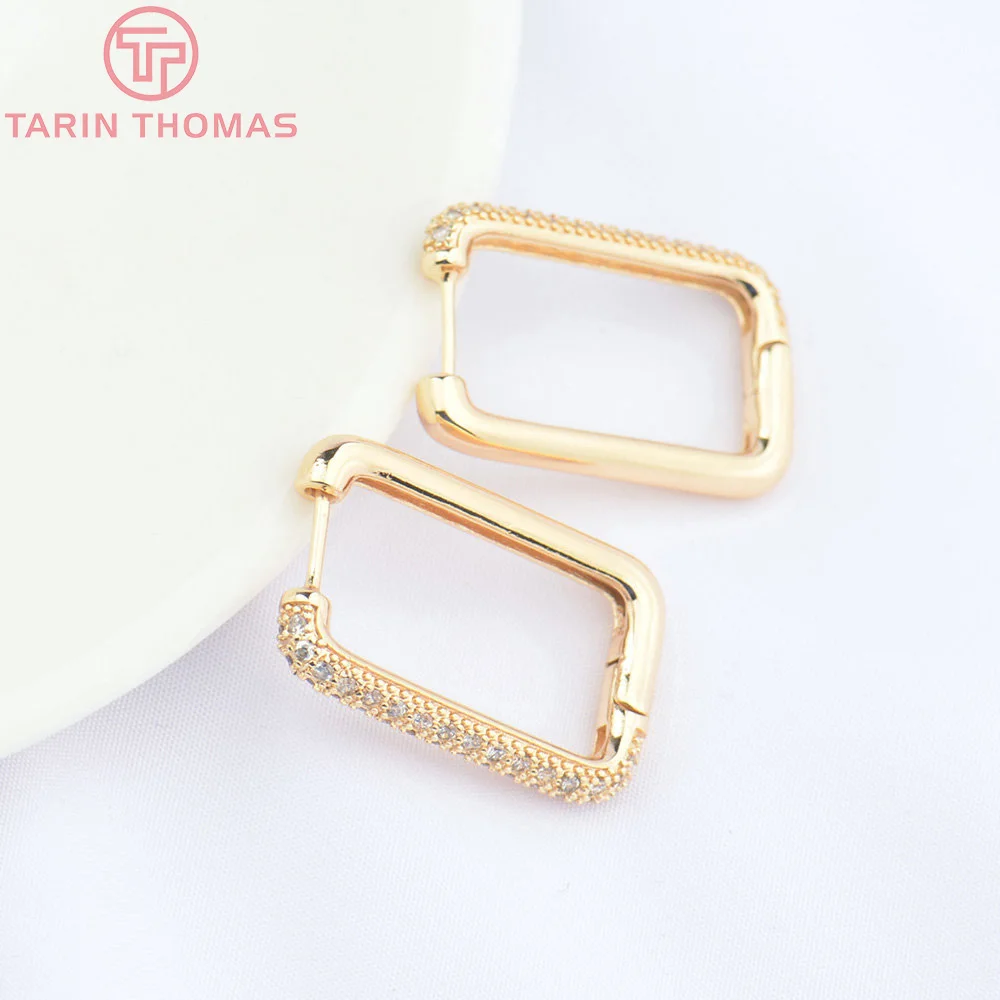 (4704) 2PCS 16.5x26MM 24K Gold Color Brass with Zircon Rectangular Earrings Hoop High Quality DIY Jewelry Making Findings