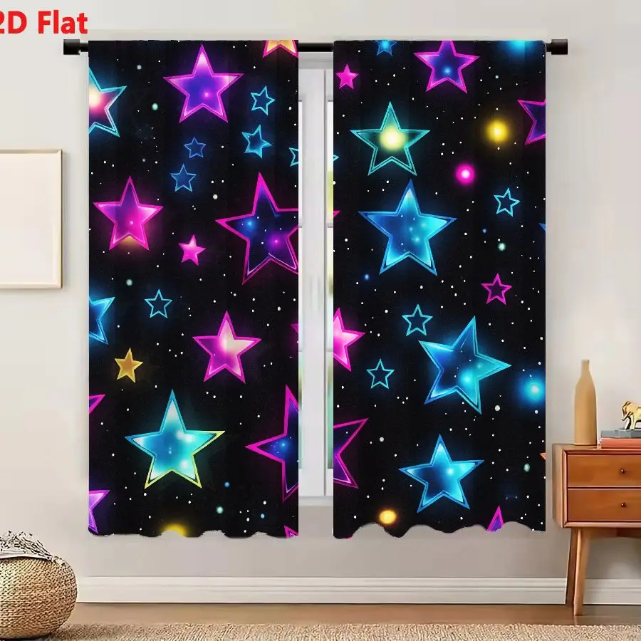 2Pcs Curtains Add 2D Flat Vibrant Neon Starry Night Pattern With Glowing Five Pointed Stars In Electric Blue Magenta And Cyan On