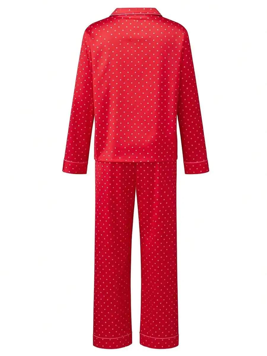 Womens Polka Dot Satin Pajama Set Long Sleeve Button Down Shirt And Pants Sleepwear Lounge Wear