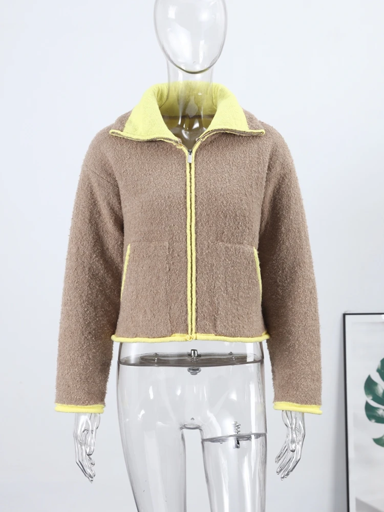 Patchwork Women Knitted Jacket Stand Collar Zipper Pockets Long Sleeve Coat Female Clothing Streetwear Fashion Spring Fall 2025 view 3