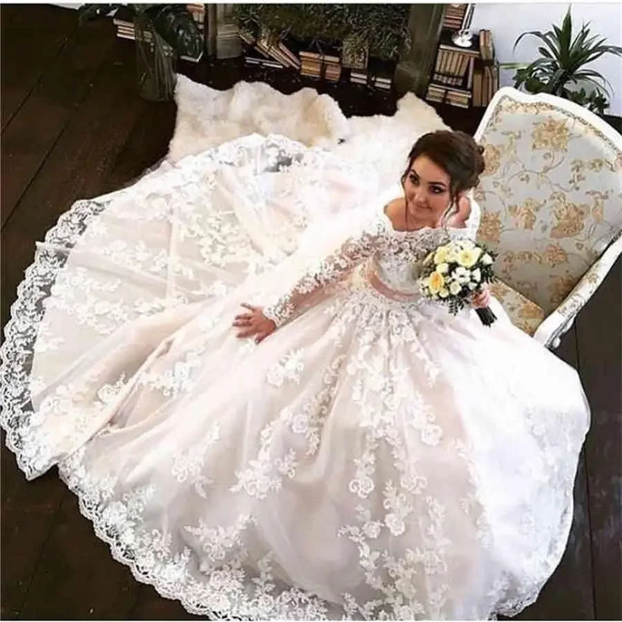 

Customized Off The Shoulder Long Sleeves Ball Gowns Lace Wedding Dress Champagne Color Bridal With Vestido De Festa