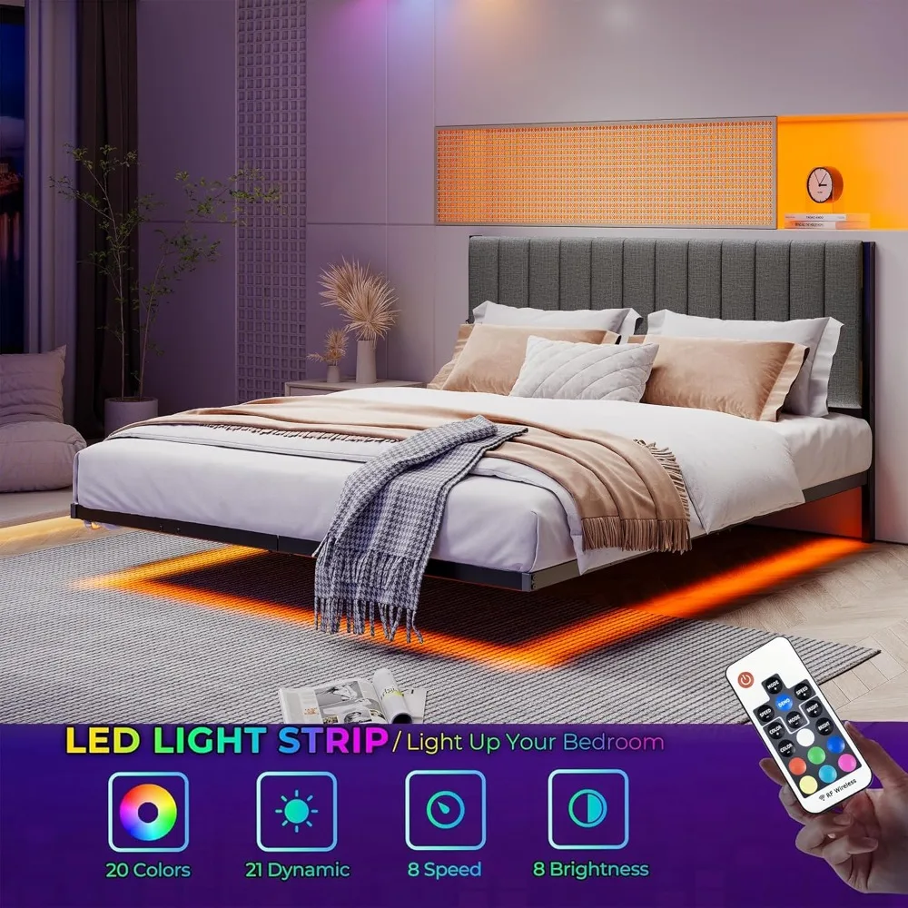 إطار سرير كامل عائم مع أضواء LED ومحطة شحن، إطار سرير بمنصة معدنية بالحجم الكامل مع لوح رأسي منجد، بدون صندوق #4