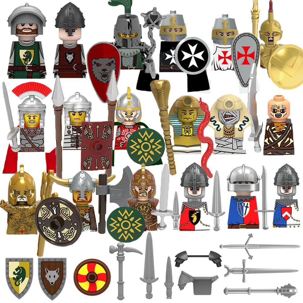 MOC-castillo Medieval de dragón verde, figuras de caballero, bloques de construcción, soldado romano antiguo, arma, escudo, caballo de guerra,