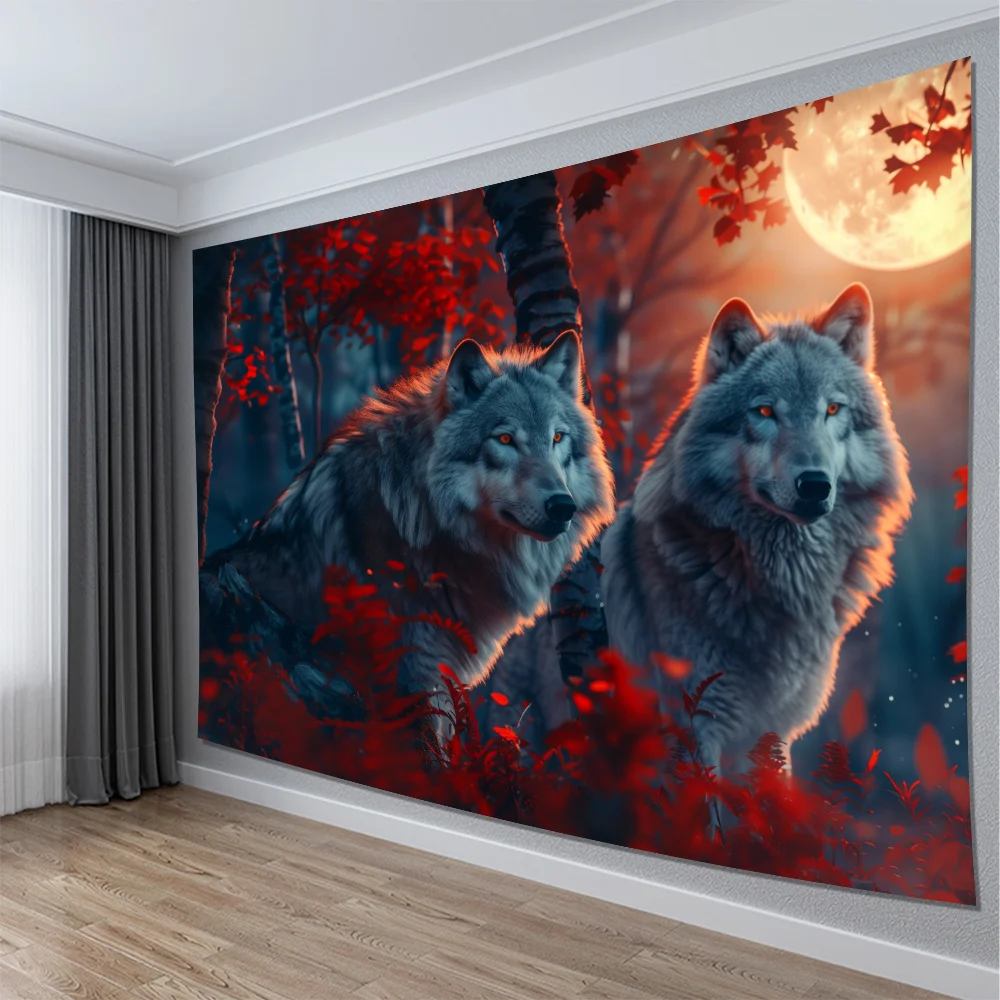Large Wolf Pair Tapestry Wall Hanging Forest Night Nature Decor Wilderness Art Print Rustic Home Decoration Red Moon Woodland