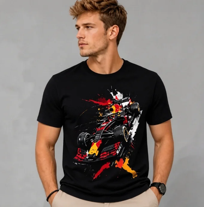 2026 new Graffiti Splash Ink Style Formula One Race Car Graphic Print Black Adult Unisex Loose Short Sleeve Racing Sports Tee