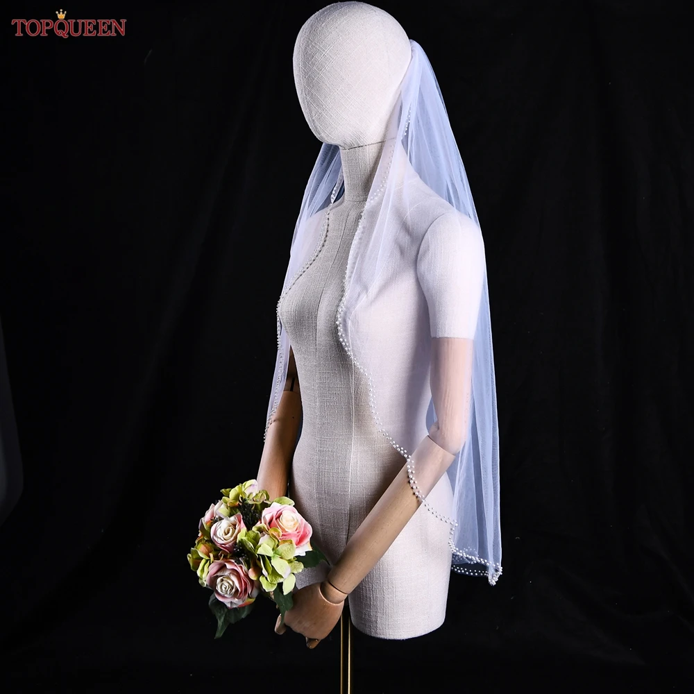 TOPQUEEN-velo de novia con borde de perlas V35 para mujer, velo corto con peine, borde de perlas de un solo nivel, velo de novia para la Iglesia Veu