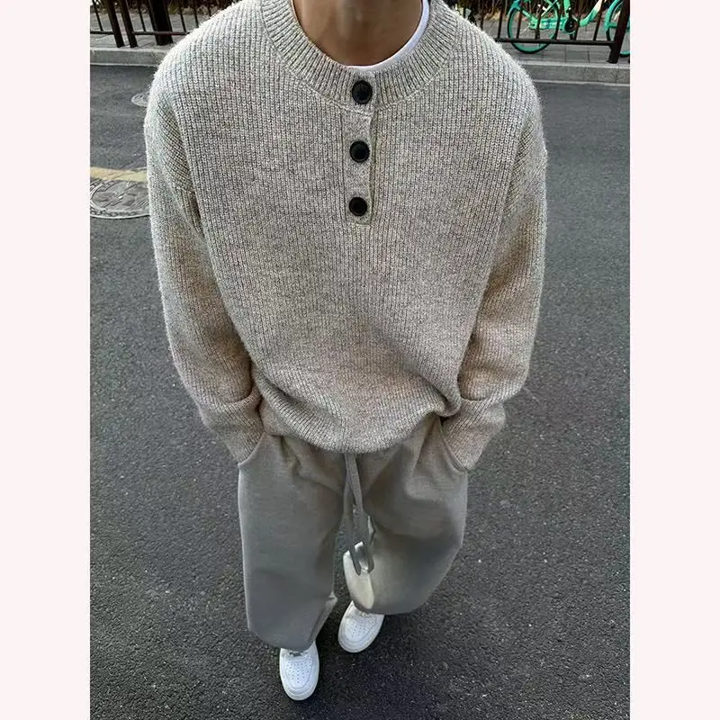 

Ay Мужской свитер с воротником Генри в американском стиле ретро, зимний ленивый свитер, высококачественный вязаный джинт, удобный свободный крой