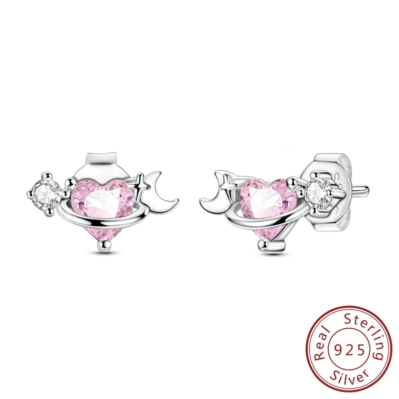 

Sparkling 100% 925 Sterling Silver Pink Heart Zircon Planet Earrings For Girl Jewelry Birthday Gift Making