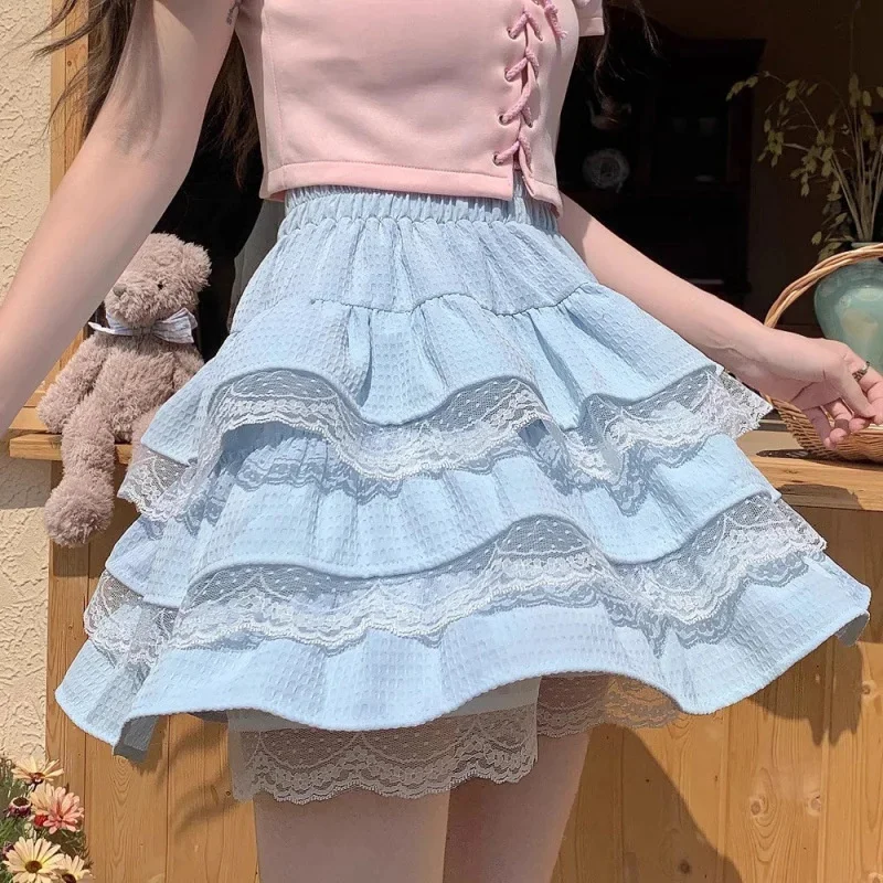 Lace Y2K Cake Dresses Girl Summer Edge Patchwork Ruffle Cotton Linen Half Skirt High Waist Pleated Skirt A-line Fluffy Skirt New
