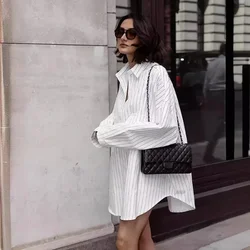 Fashion Autumn Winter Women Oversized Striped Long Shirt White Long Sleeve Loose Fit Blouse Female