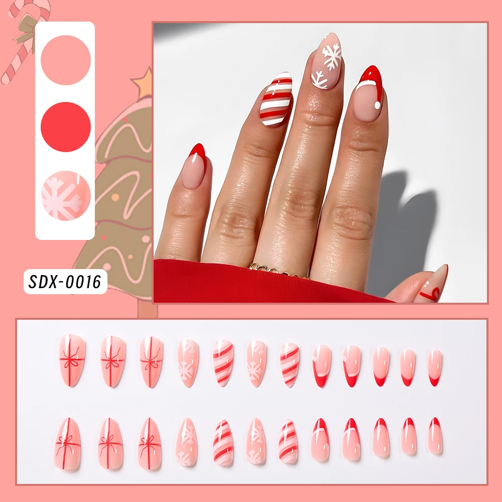 24 Pcs French Press on Nails Almond Christmas Hat Red and White Striped Bow Snowflake False Nails Kawaii Press in Nails Medium *