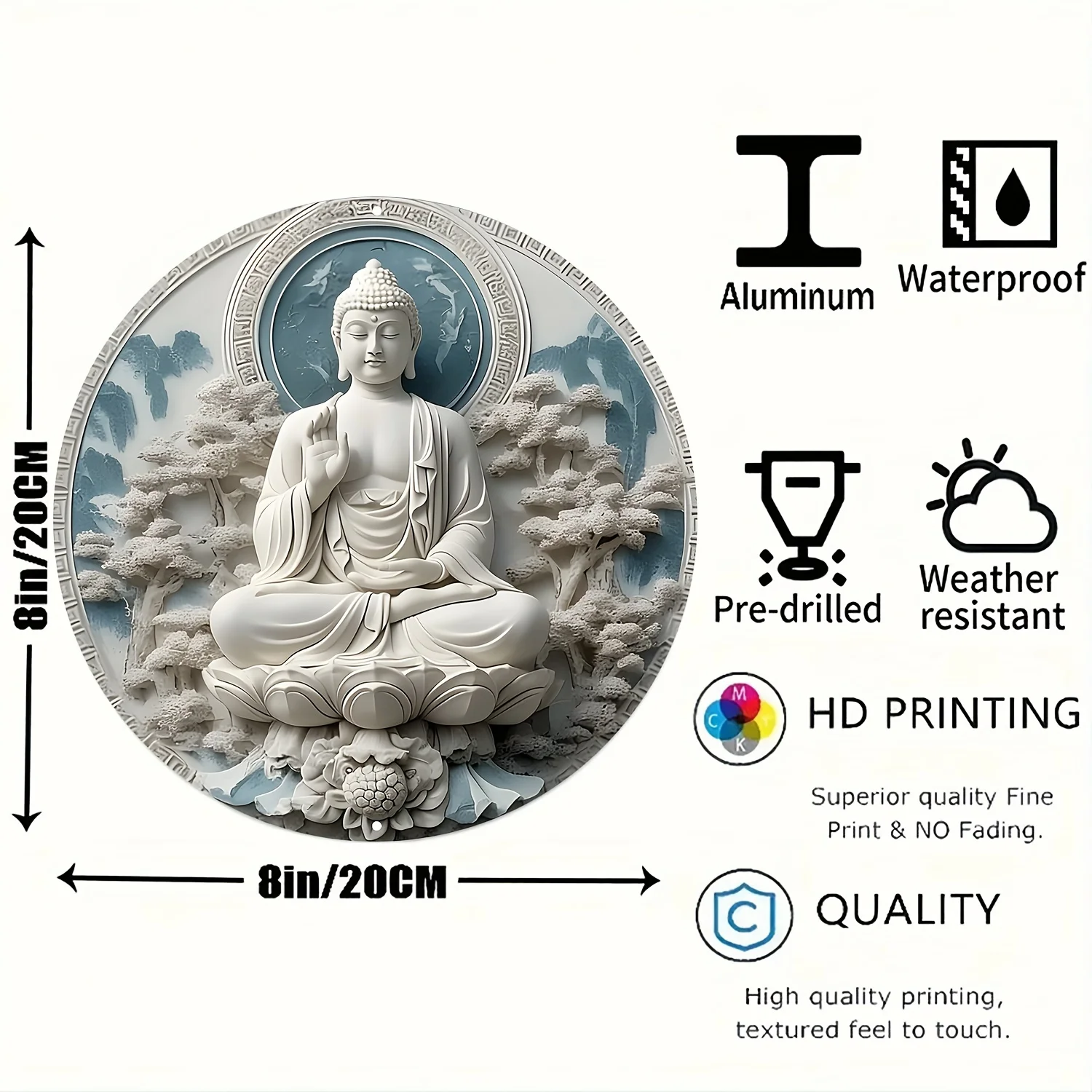 Aluminum Buddha Wall Art Decor, 8-Inch Round Waterproof Metal Poster, 3D High-Definition Printing