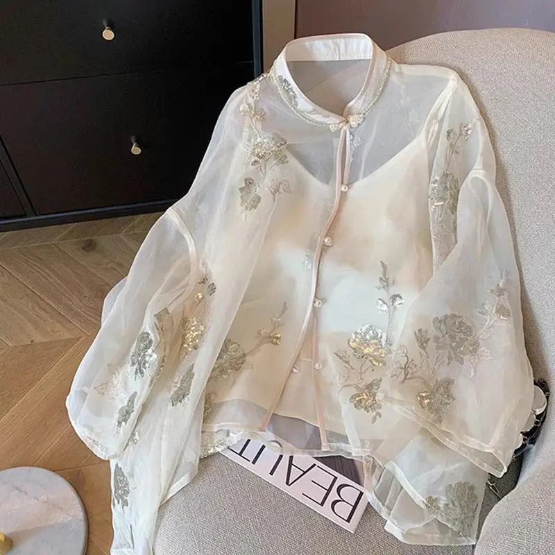 Net Yarn Chinese Style Women Blouses Trend 2024 Summer Loose Tops Korean Clothing Sales Vintage Sequins Women\'s Shirts