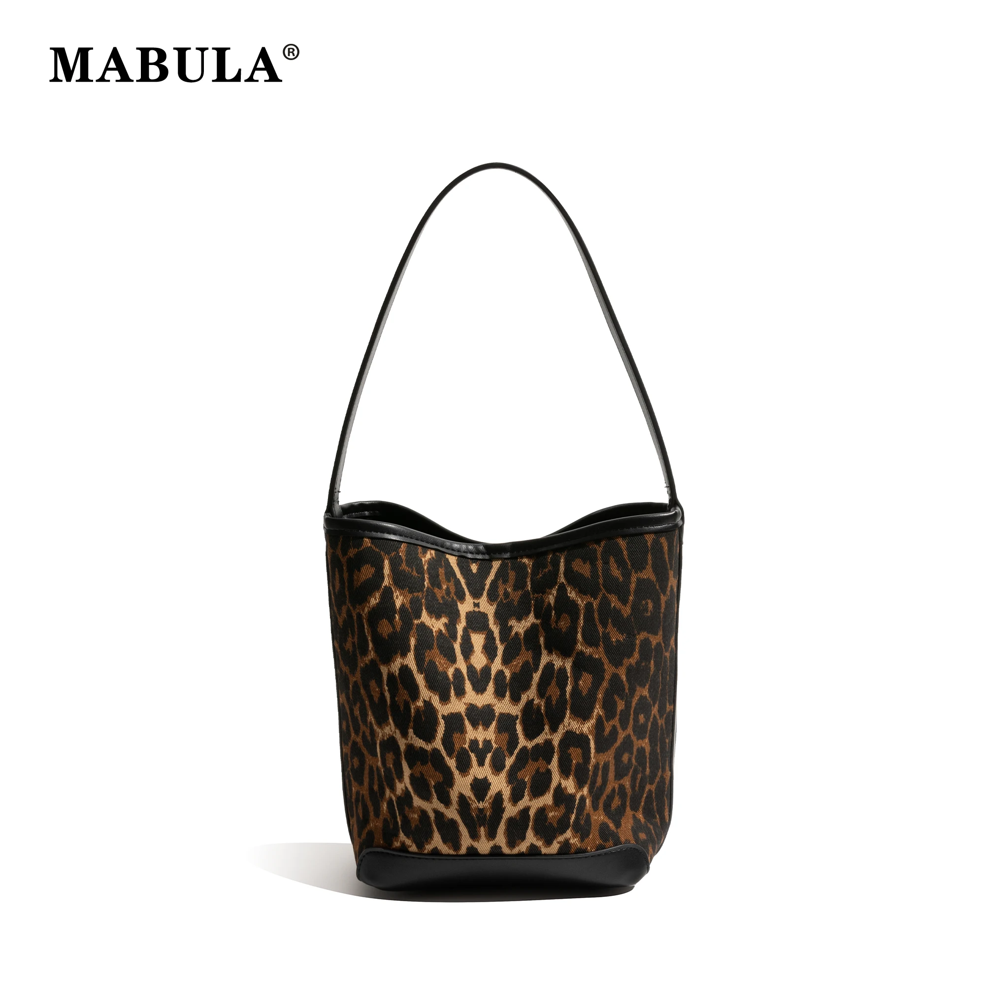 MABULA Women Vintage Leopard Pattern Bucket Pouch Canvas PU Leather Luxury Design 2pcs Fashion Ladies Daily Shoulder Phone Purse