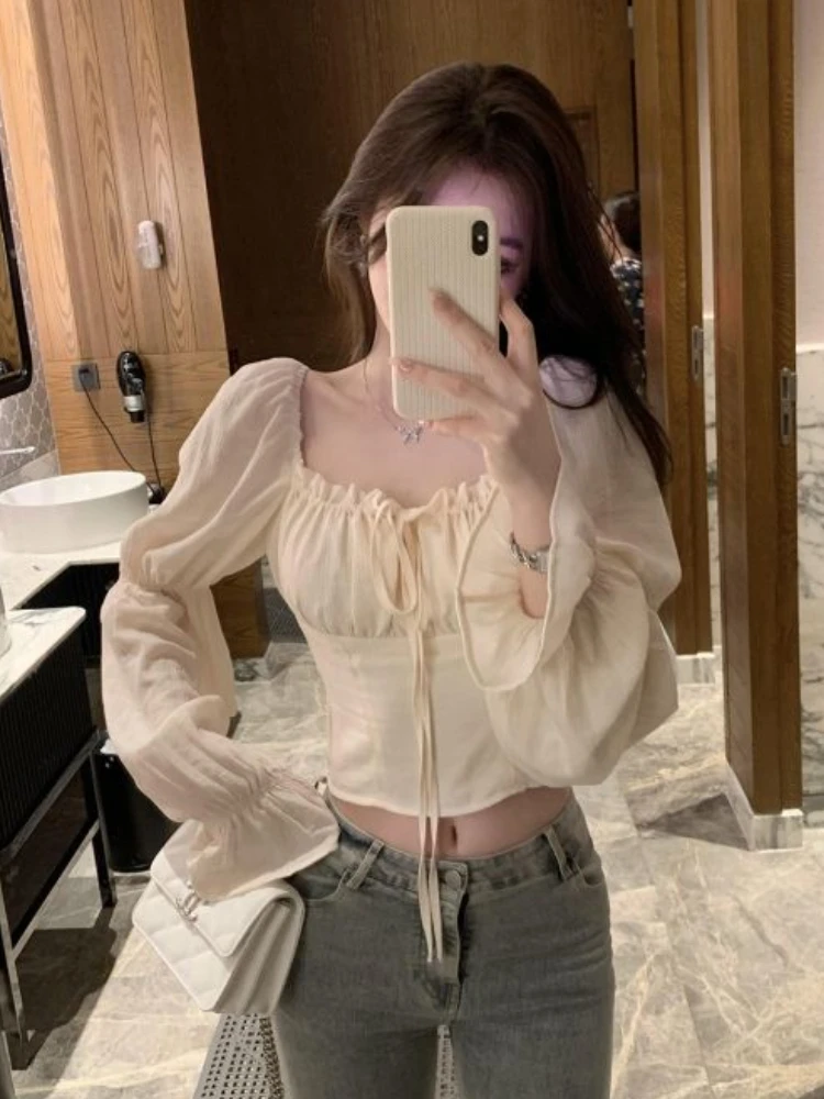 French Style Blouses Women Cropped Simple Vintage Slim Folds Designed Elegant Office Ladies New Spring Hotsweet Chic Streetwear