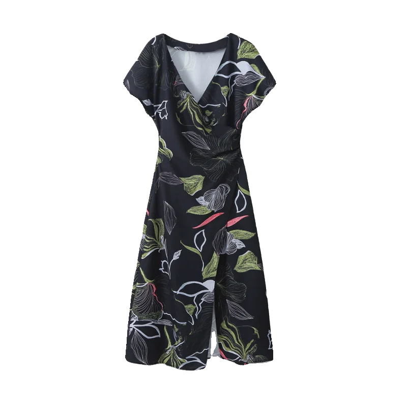 Vestido Midi de Satén de Seda con Estampado Moderno JNLEAOG, Estilo Urbano Otoñal, Manga Corta, Cuello en V, Falda en Línea A