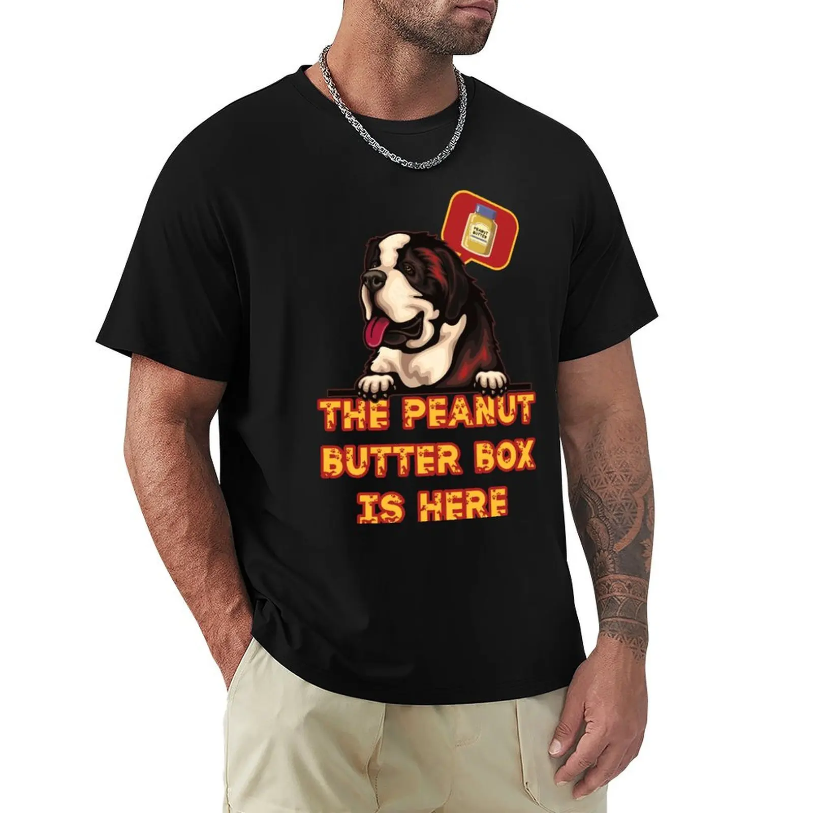 The Peanut Butter Box Is Here: Warm version with Good Dog Font Funny St. Bernard Dog Commercial Humor T-Shirt