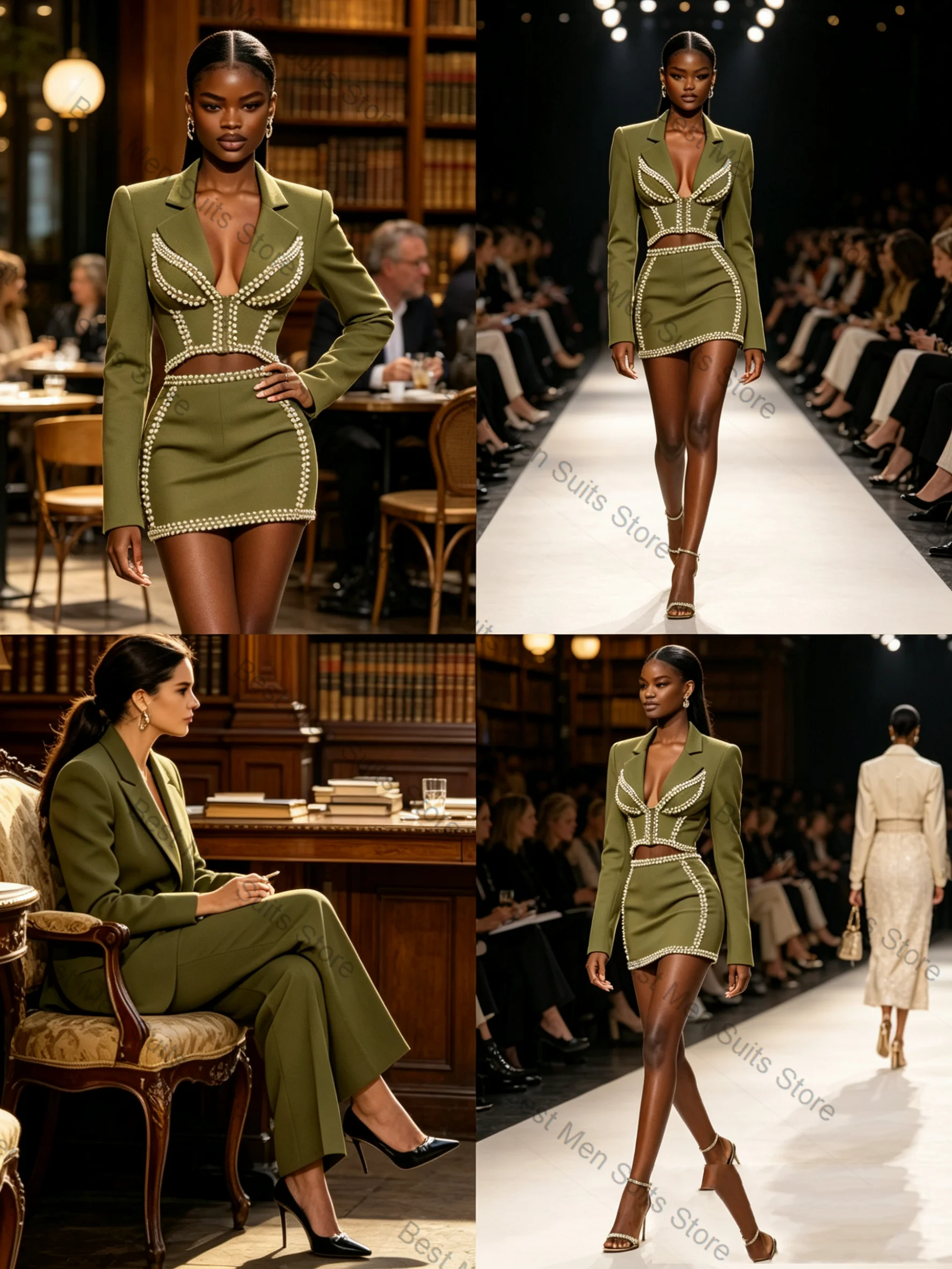 Pearls Green Women Suit Set 2 Pcs Blazer+Short Mini Prom Dress Cotton Formal Office Lady Jacket Customized Wedding Guest Coat