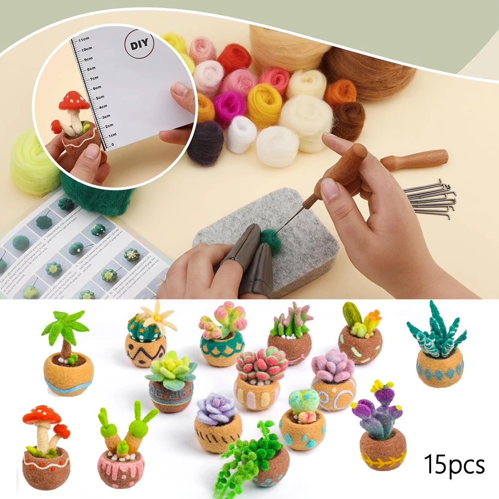 6/9/15 PCS Succulent Beginner Needle Felting Kit, Needle Felting Tools Wool Roving Foam Mat Felting Needles and Instructions