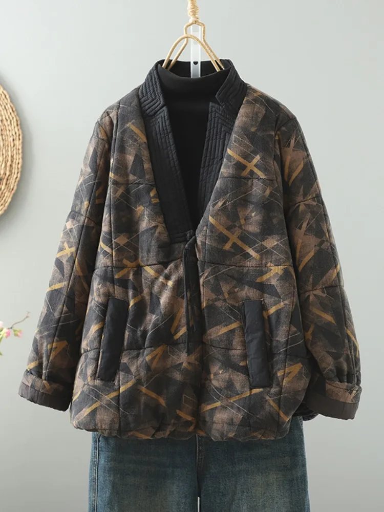 Retro Floral Cotton Linen Zen Clothes Women's Winter Warm Outerwear V-neck Cotton Jacket Chinese Style Buttoned Loose Fit