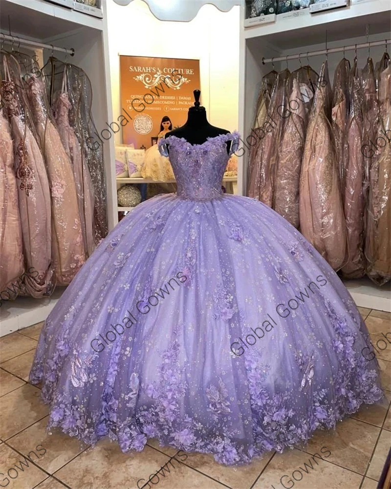 Vestido de baile de quinceañera con hombros descubiertos para niña, vestido de quinceañera púrpura de México, vestidos de fiesta de cumpleaños con cuentas en 3D, vestidos de graduación, dulce 16