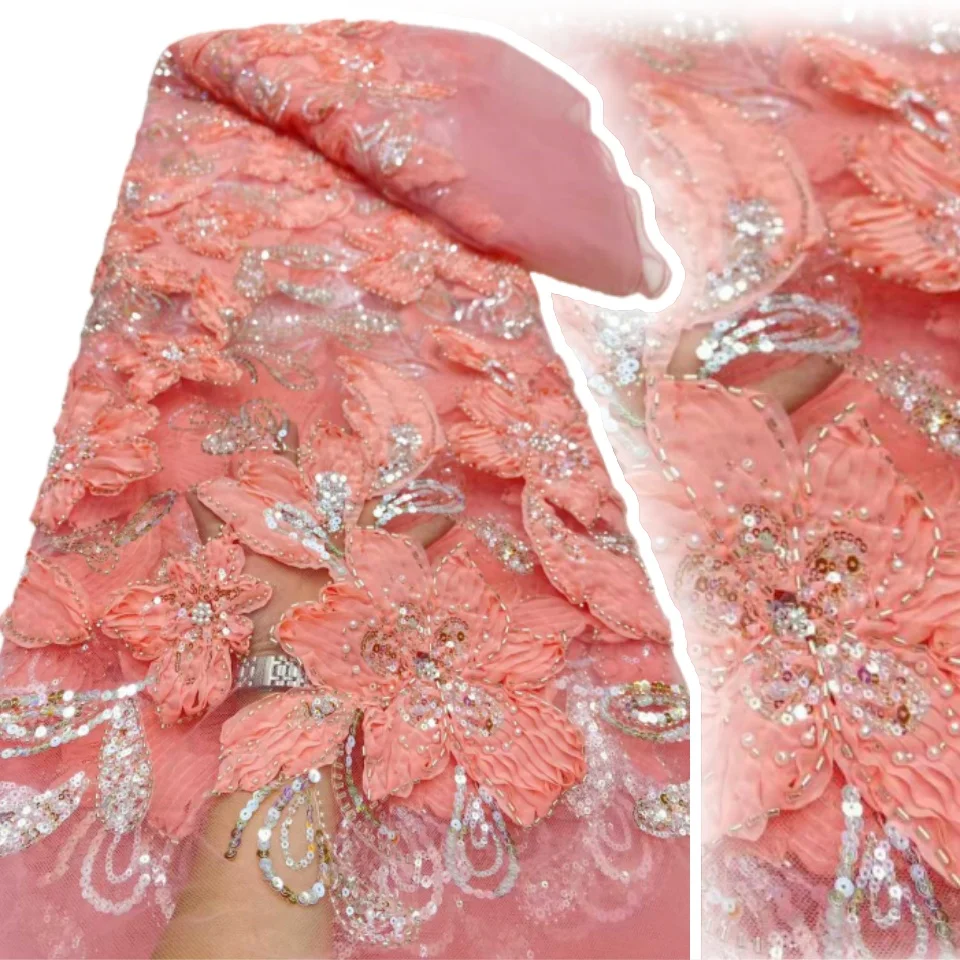 

Luxury African Fabric Lace 5 Yards 3D Lace High Quality Blue Sequin French Beaded Lace Fabrics for Wedding Dress Sewing 1924
