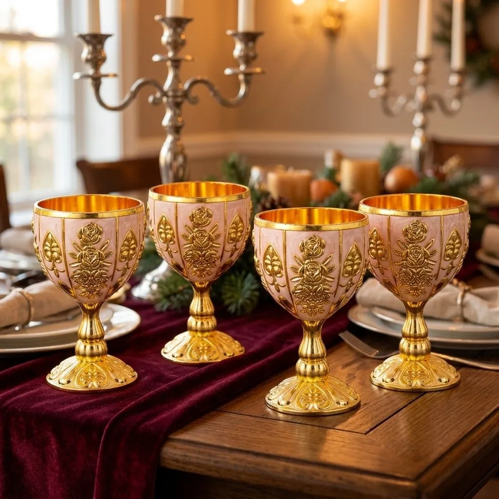 Vintage Drinking Vessels Gold And White Metal Wine Cups Bright Metallic Inner 30ml Compact Capacity Raised Golden Embossment