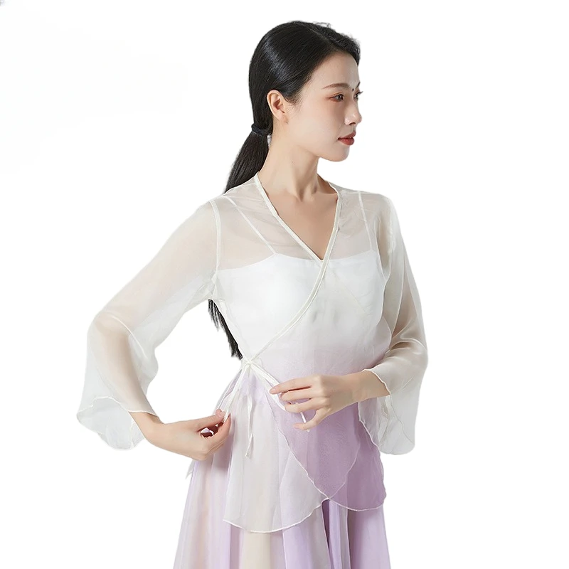 Cardigan Classical Dance Clothes Gradient Gauze Top Elegant Body Rhyme Chiffon Practice Blouse Chinese Fairy Hanfu Long Sleeve