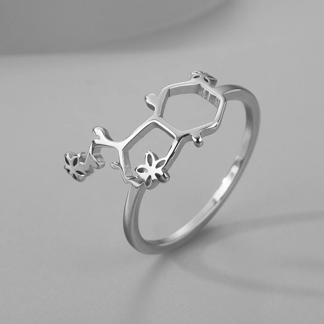 QIMING Science Serotonin Molecule Ring Women Flower Of Chemistry Jewelry Stainless Steel Molecule Ring Gift