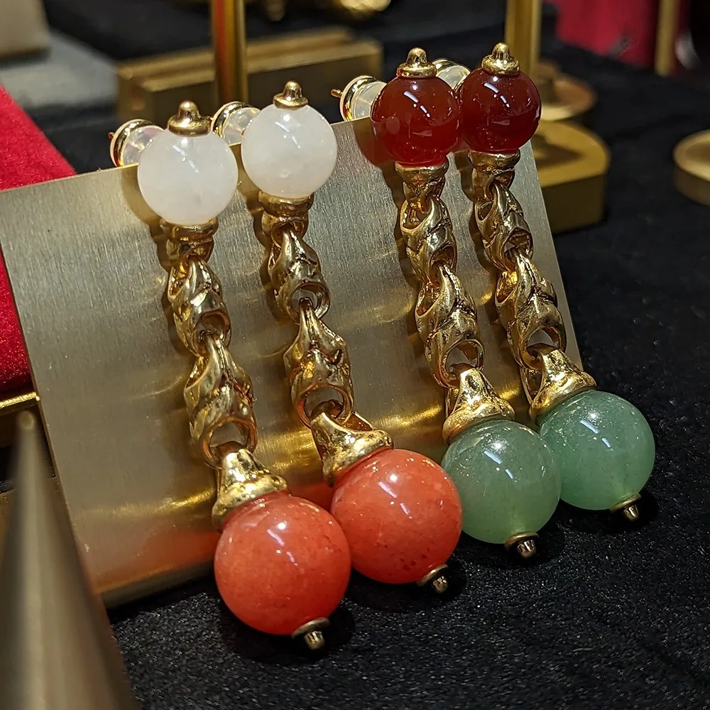 Vintage Gold Plated Natural Stone Dangle Earrings for Women Oriental Inspired Statement Drop Jewelry