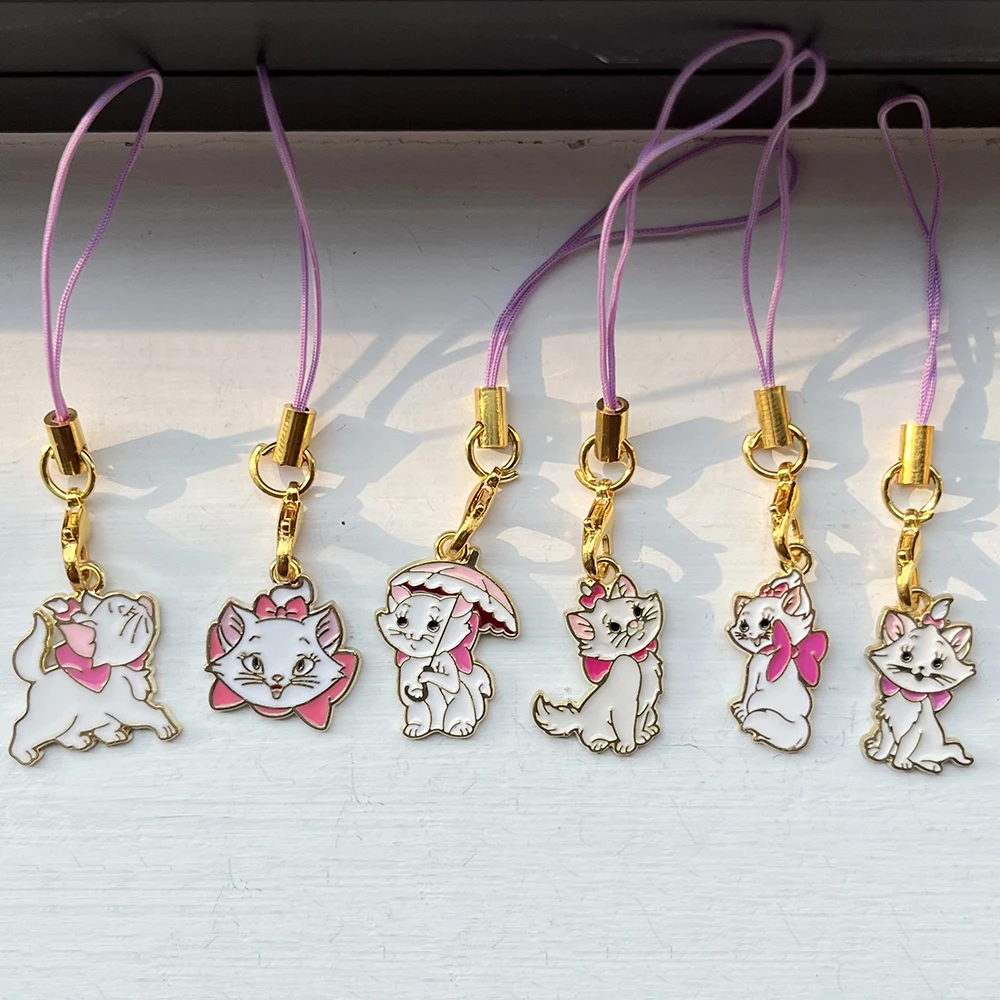 6 uds Disney Marie Cat cadena de teléfono dijes llaveros de moda cordón para llaves correa accesorio móvil