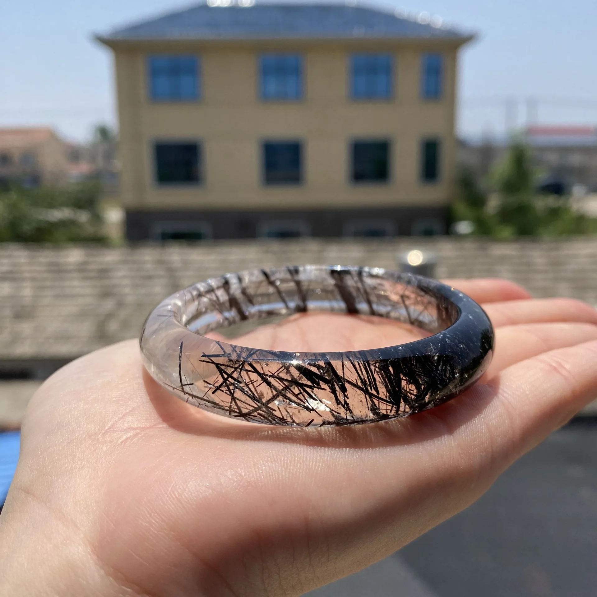 Black Rutilated Quartz Bangle Black Tourmaline Crystal Boho Ethnic Ins‑Style Cross‑Border Gemstone Bracelet Jewelry Gift 52-62mm