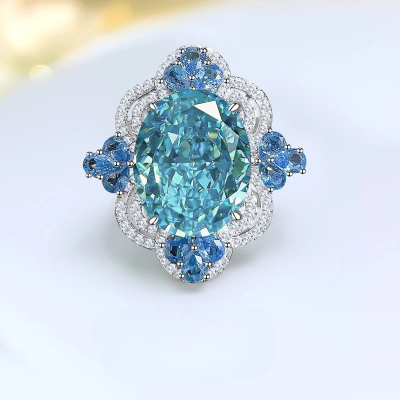 

925 Silver Ocean Blue Treasure Ring Inlaid with Imported High Carbon Diamond High Quality Retro Style Engagement Jewelry