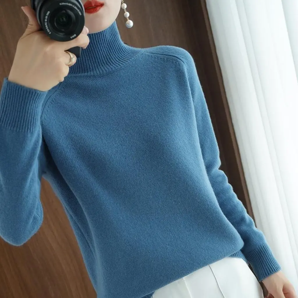 

Women's High Collar Sweater Korean Style Solid Color Pullover Loose Knitted Long-Sleeved Base Shirt for Autumn Winter