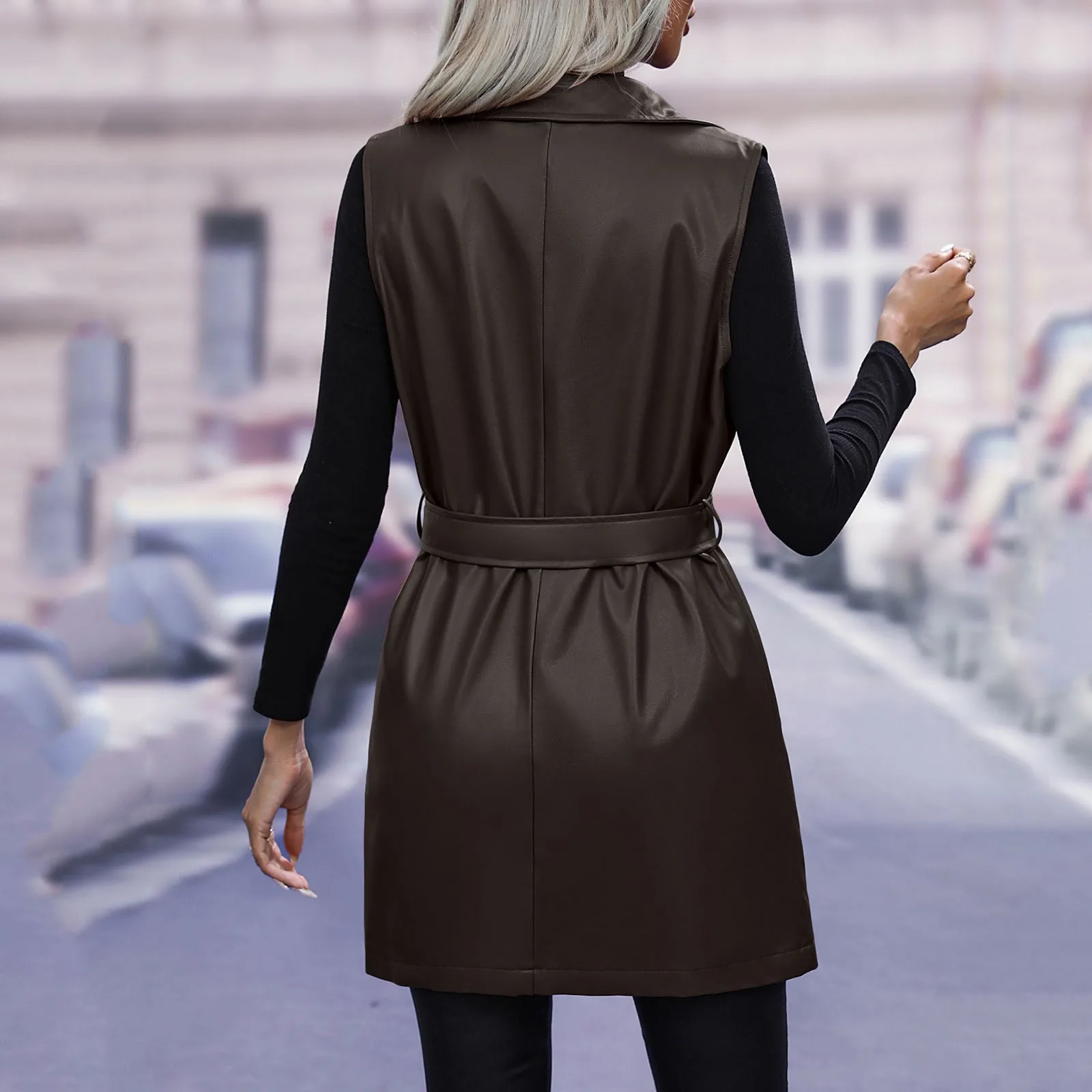 Fashion Trend Solid Color Cardigan Vest Jacket Streetwear Women's PU Leather Sleeveless Waistcoat Coat with Belt Mid-length