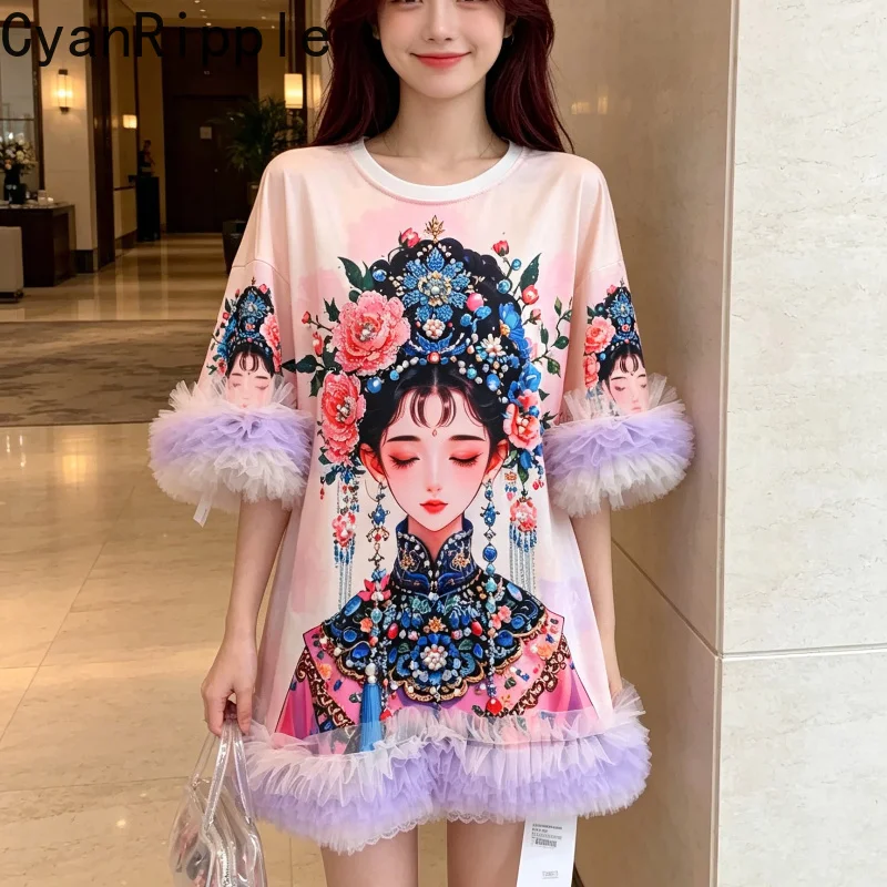 Chinese Wind Vintage Printed Oversize T-shirt New Summer Mid-long Princess Dress Round Neck Elegant Mesh Half Sleeve Sweet Tees
