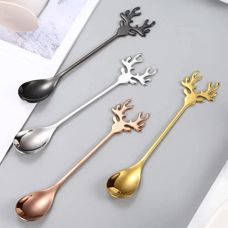 Stainless Steel Cartoon Christmas Elk Spoon Cute Deer Head Mini Ice Cream Spoons TeaSpoon Kitchen Accessories