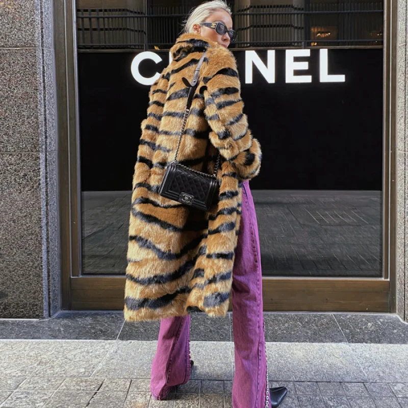 Faux Tiger Print Fur Extended Length Artificial Fur  Coat Loose Coat