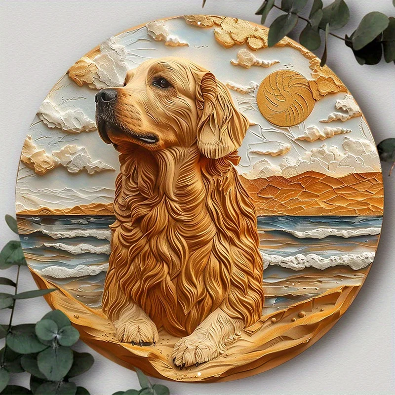 Round Aluminum Metal Sign, Flat Dog Pattern Wreath Sign for Home Decoration, Funny Decor, Wall Art Decor, Decorative Wall Poster