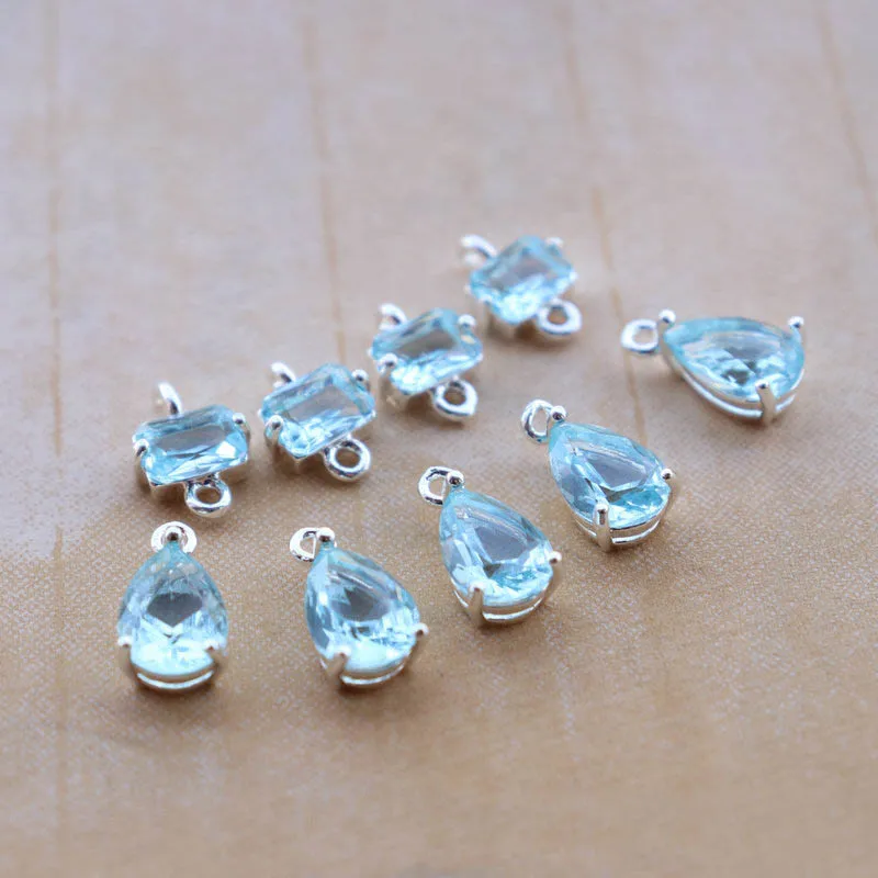 20pcs Silver Plated Faceted Quality Light Blue Glass Crystal Drops Teardrop Rectangle Pendant Charms Connectors