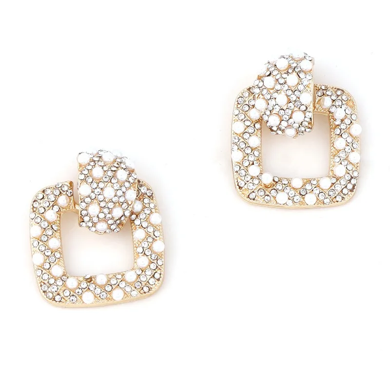 

Серьги женские в стиле ретро, с жемчугом и геометрическими стразами, универсальные, простые, элегантные